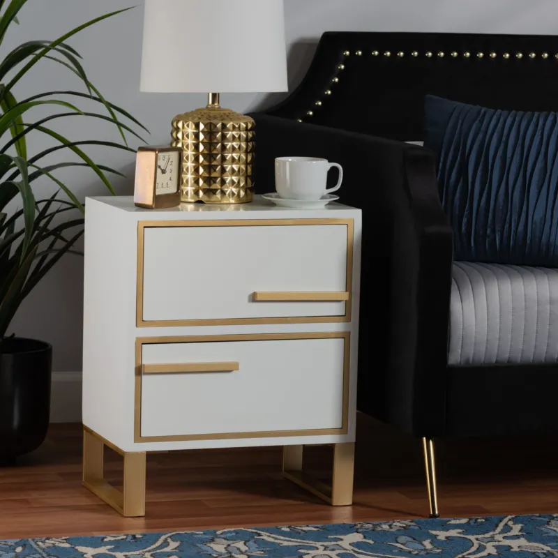 Baxton Studio Giolla Contemporary Glam and Luxe White Finished Wood and Gold Metal 2-Drawer End Table | Cabinets | Modishstore