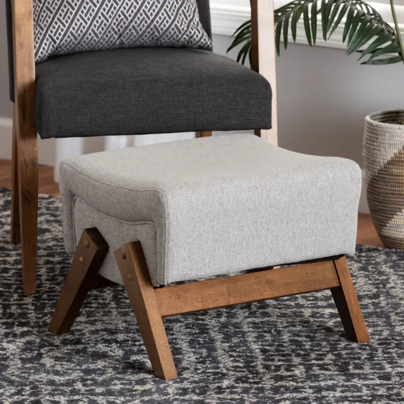Baxton Studio Hanson Mid-Century Modern Light Grey Fabric and Walnut Brown Finished Wood Ottoman | Ottomans | Modishstore