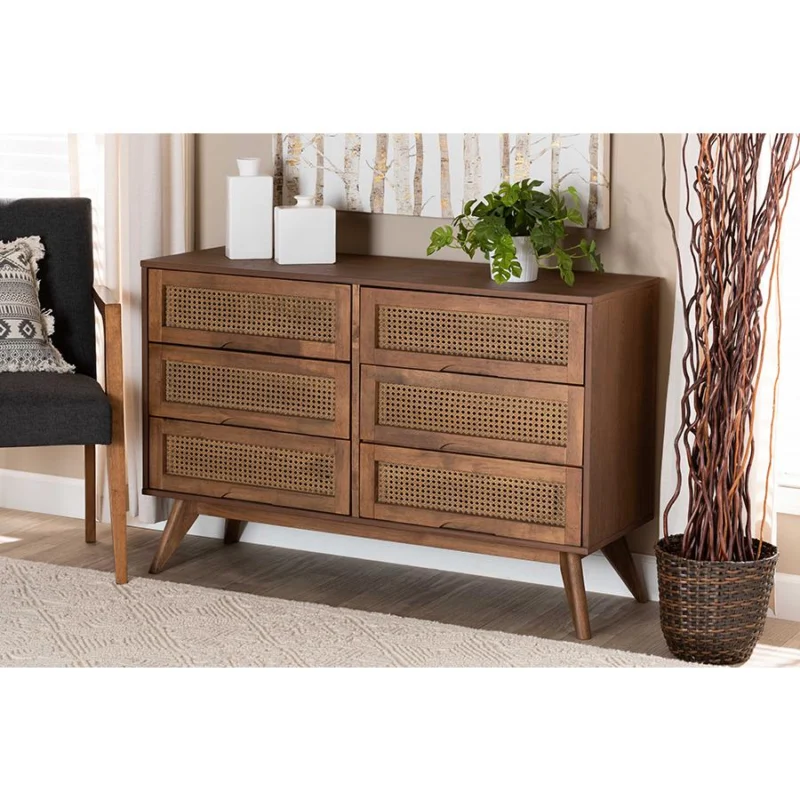 Baxton Studio Barrett Mid-Century Modern Walnut Brown Finished Wood and Synthetic Rattan 6-Drawer Dresser | Dressers | Modishstore