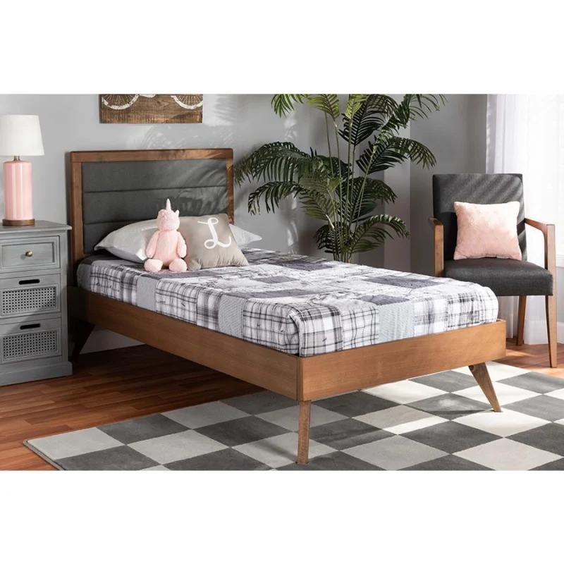 Baxton Studio Linn Mid-Century Modern Dark Grey Fabric Upholstered and Walnut Brown Finished Wood Twin Size Platform Bed | Beds | Modishstore