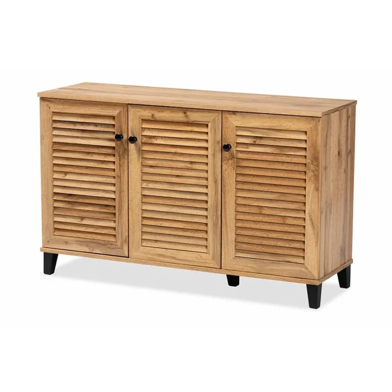 Baxton Studio Coolidge Modern and Contemporary Oak Brown Finished Wood 3-Door Shoe Storage Cabinet | Cabinets | Modishstore