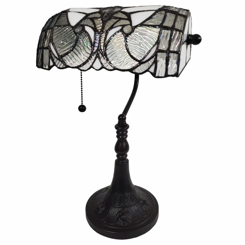 16" Tiffany Style White and Gray Banker Desk Lamp By Homeroots | Table Lamps | Modishstore