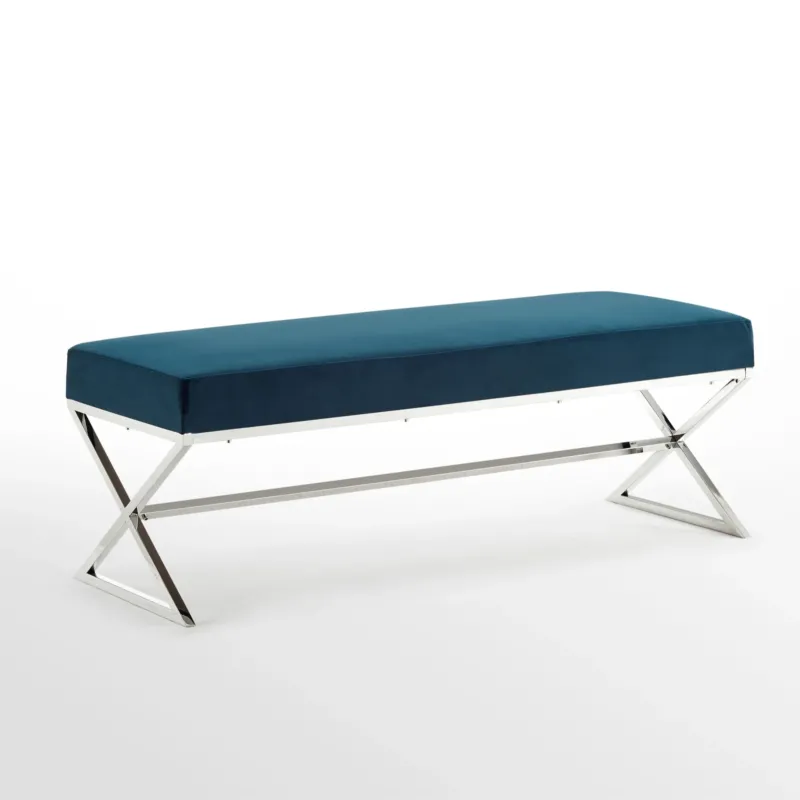 48" Navy Blue And Silver Upholstered Velvet Bench By Homeroots | Benches | Modishstore
