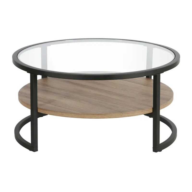 34" Black Brown and Glass Round Coffee Table With Shelf By Homeroots | Coffee Tables | Modishstore