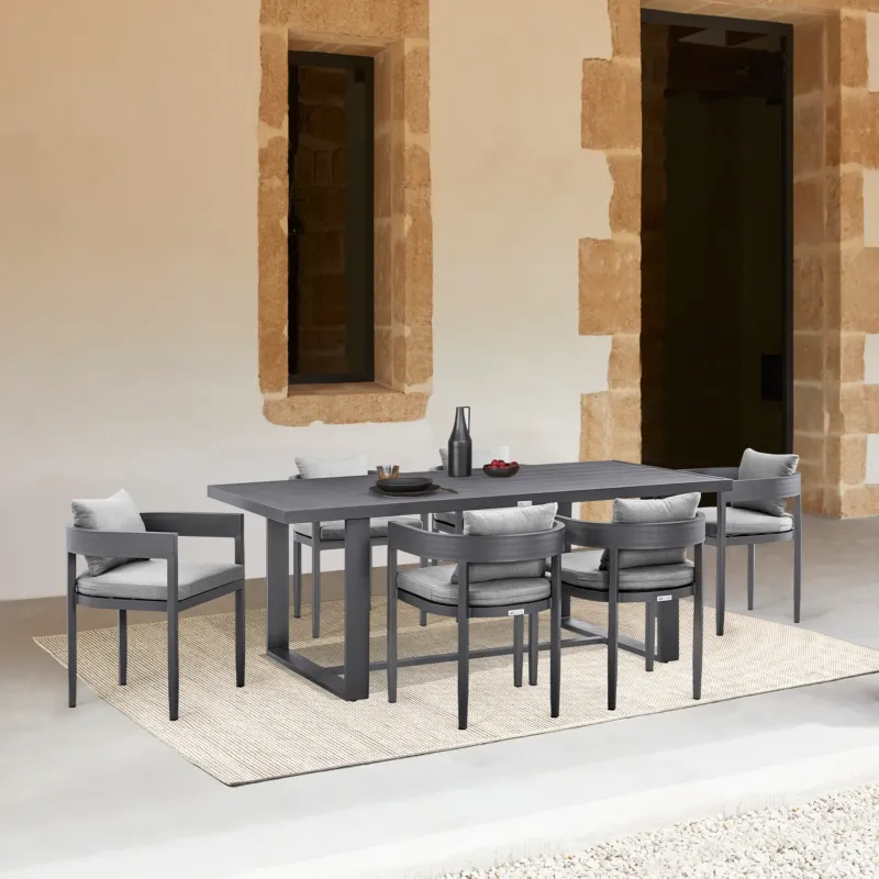 Argiope Outdoor Patio 7-Piece Dining Table Set in Aluminum with Grey Cushions By Armen Living | Outdoor Dining Sets | Modishstore