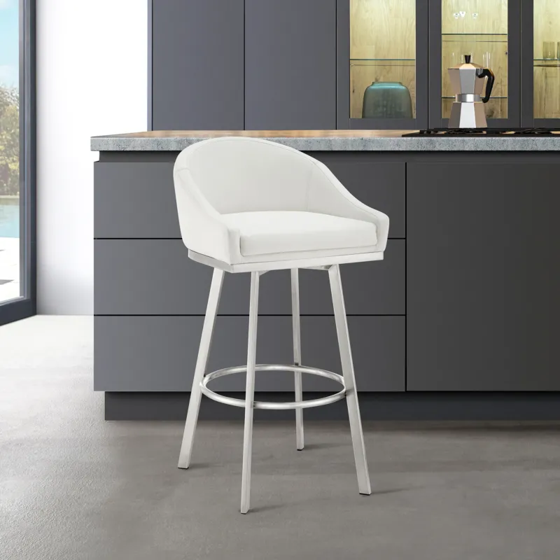 Noran Swivel Counter Stool in Brushed Stainless Steel with White Faux Leather By Armen Living | Counter Stools | Modishstore