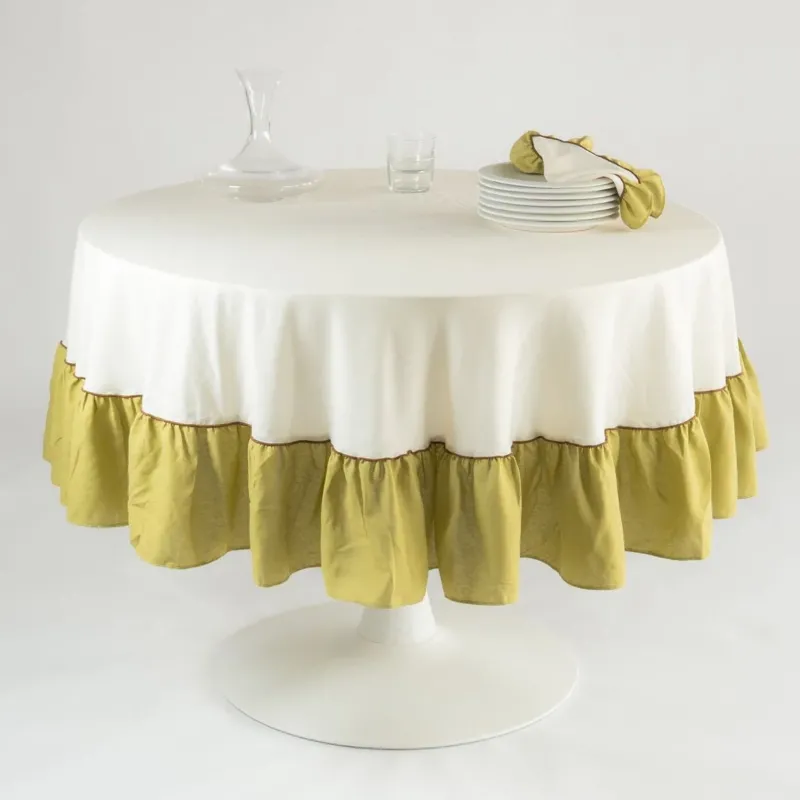 Round Ruffle Tablecloth, Ivory/Green