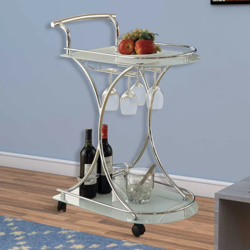 Captivating Serving Cart With 2 Frosted Glass Shelves, Silver By Benzara | Bar Carts | Modishstore