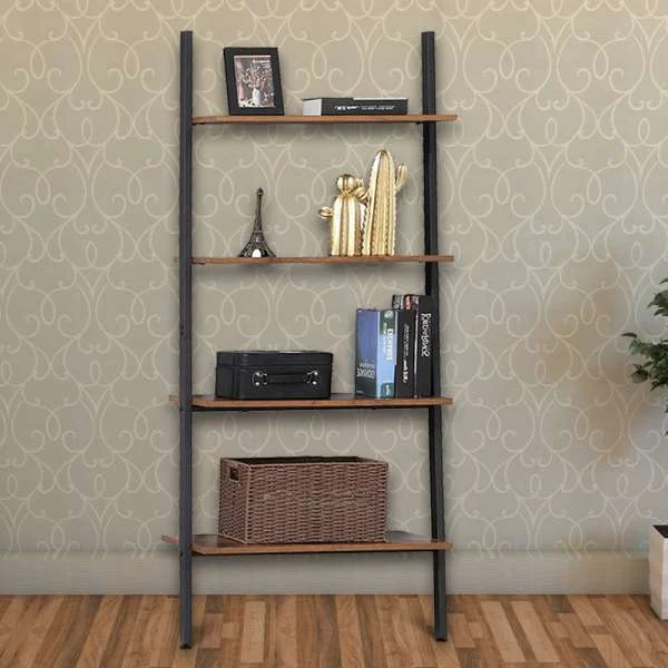 Rustic Ladder Style Iron Bookcase With Four Wooden Shelves, Brown And Black By Benzara | Bookcases | Modishstore