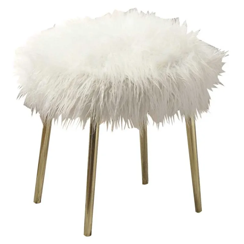 Faux Fur Upholstered Contemporary Metal Ottoman, White And Gold By Benzara | Ottomans | Modishstore
