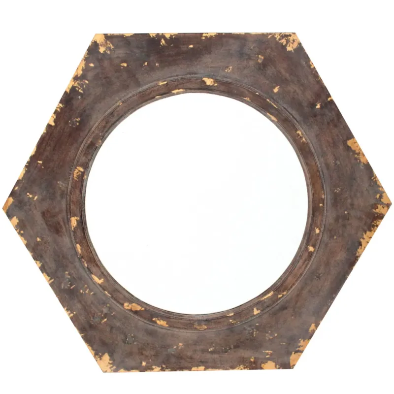 Rustic Style Wooden Wall Mirror With Hexagonal Frame, Silver And Brown By Benzara | Mirrors | Modishstore