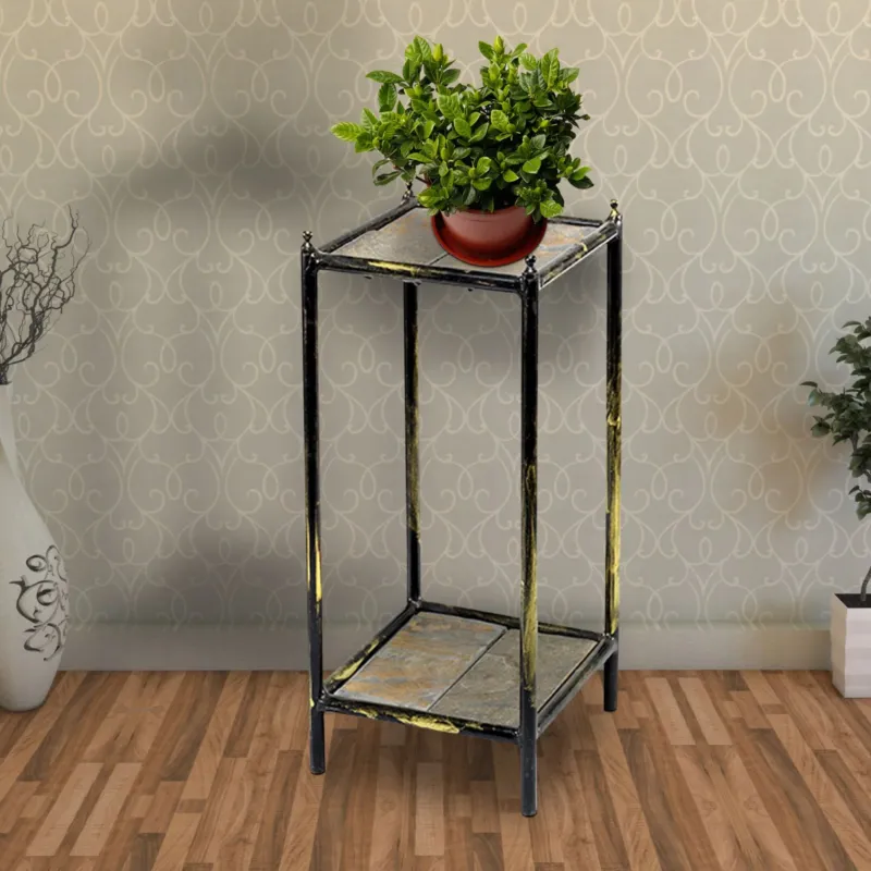 2 Tier Square Stone Top Plant Stand With Metal Frame, Small, Black And Gray By Benzara | Side Tables | Modishstore