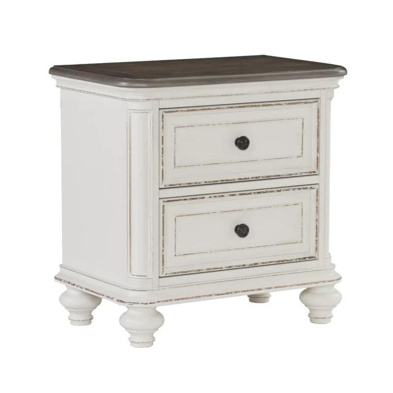 2 Drawer Wooden Nightstand With Distressed Details, Antique White And Brown By Benzara | Nightstands | Modishstore
