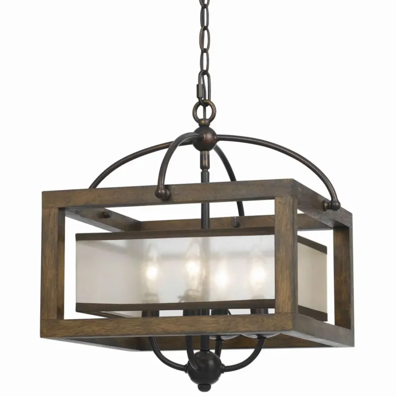 4 Bulb Semi Flush Pendant With Wooden Frame And Organza Striped Shade,Brown By Benzara | Chandeliers | Modishstore