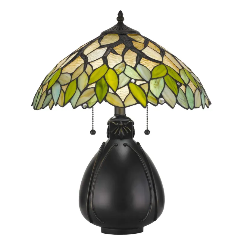 2 Bulb Tiffany Table Lamp With Leaf Design Glass Shade, Multicolor By Benzara | Table Lamps | Modishstore
