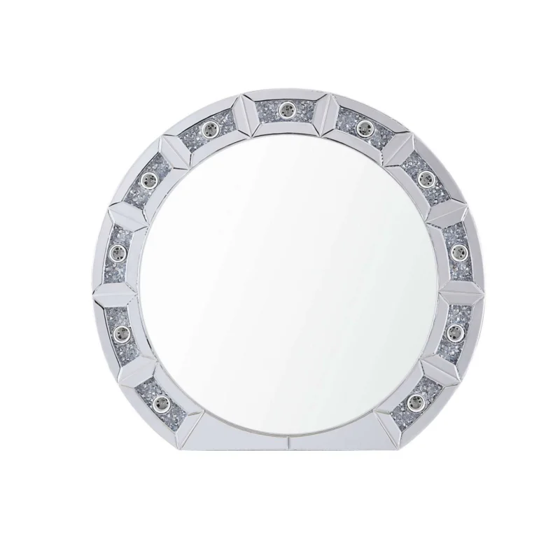 Round Mirror Panel Wall Decor With Light Function And Faux Diamond, Silver By Benzara | Wall Decor | Modishstore