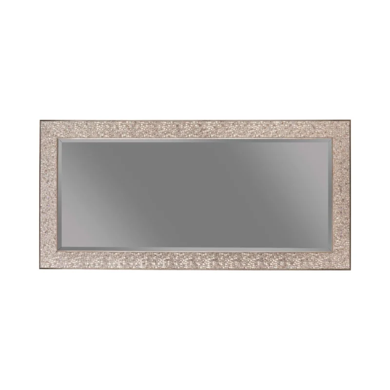 Rectangular Beveled Accent Floor Mirror With Glitter Mosaic Pattern, Silver By Benzara | Mirrors | Modishstore