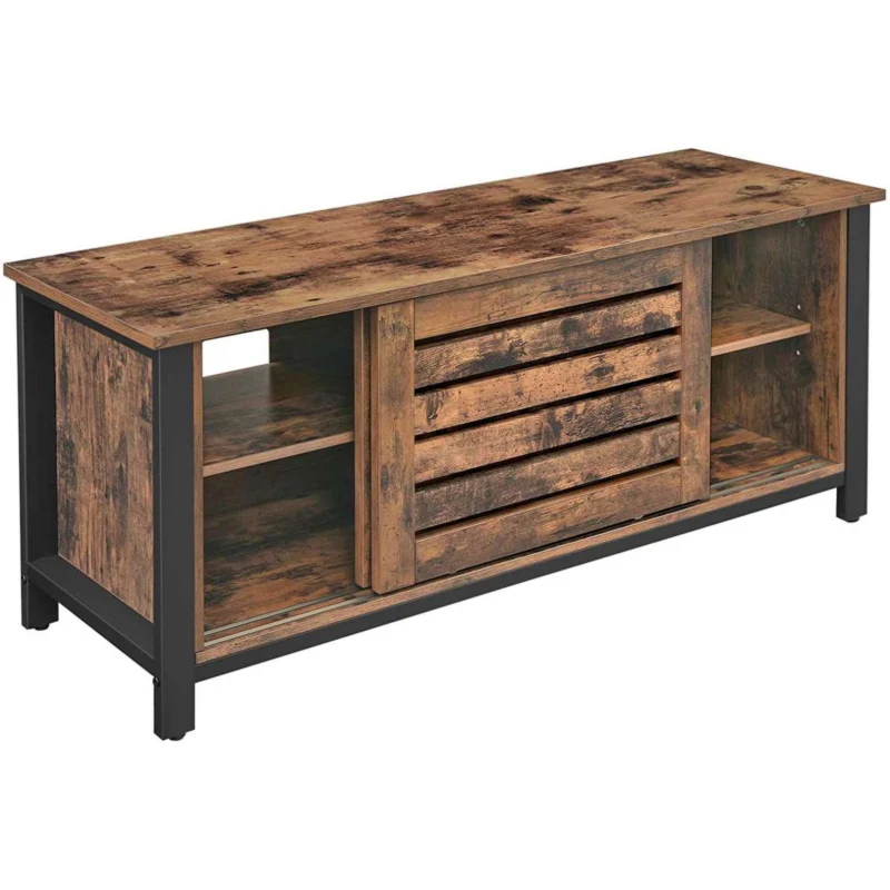 50 Inches Tv Stand With Louvered Sliding Doors, Brown And Black By Benzara | TV Stands | Modishstore