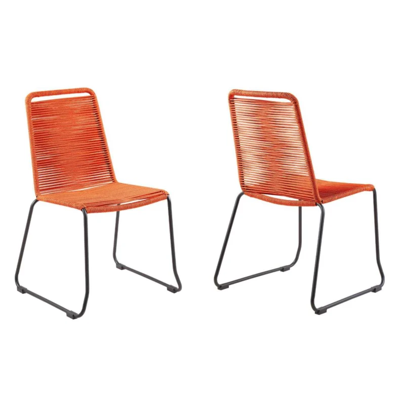 18.5 Inches Fishbone Weaved Metal Dining Chair, Set Of 2, Orange By Benzara | Dining Chairs | Modishstore