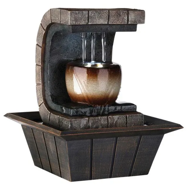 C Shaped Polyresin Frame Fountain With Tapered Base And Led Lights, Brown By Benzara | Sculptures | Modishstore