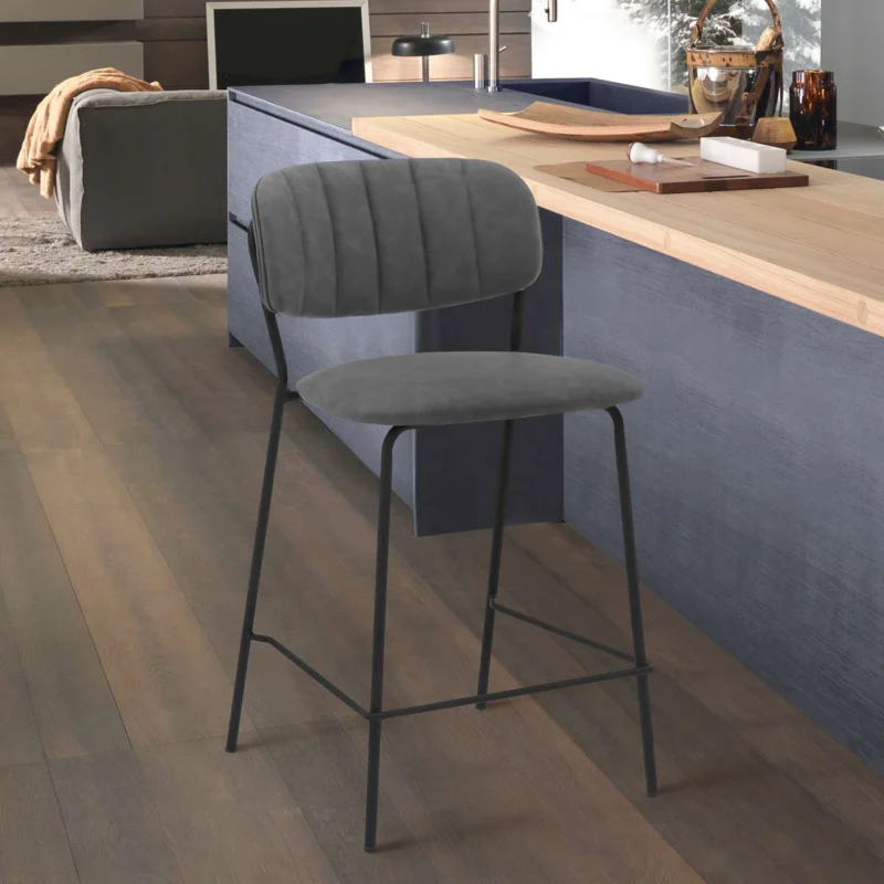 Carlo 26" Gray Faux Leather and Black Metal Counter Height Bar Stool By Armen Living | Bar Stools | Modishstore