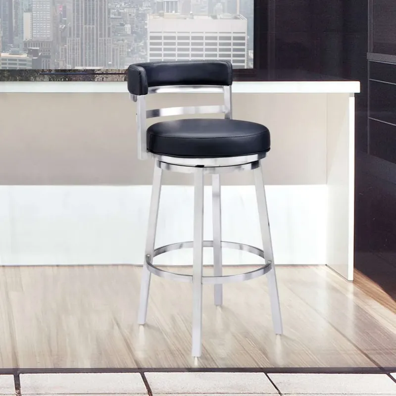 Madrid 26" Counter Height Swivel Black Faux Leather and Brushed Stainless Steel Bar Stool By Armen Living | Bar Stools | Modishstore
