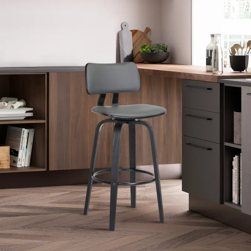 Pico 26" Swivel Black Wood Counter Stool in Grey Faux Leather with Black Metal By Armen Living | Counter Stools | Modishstore