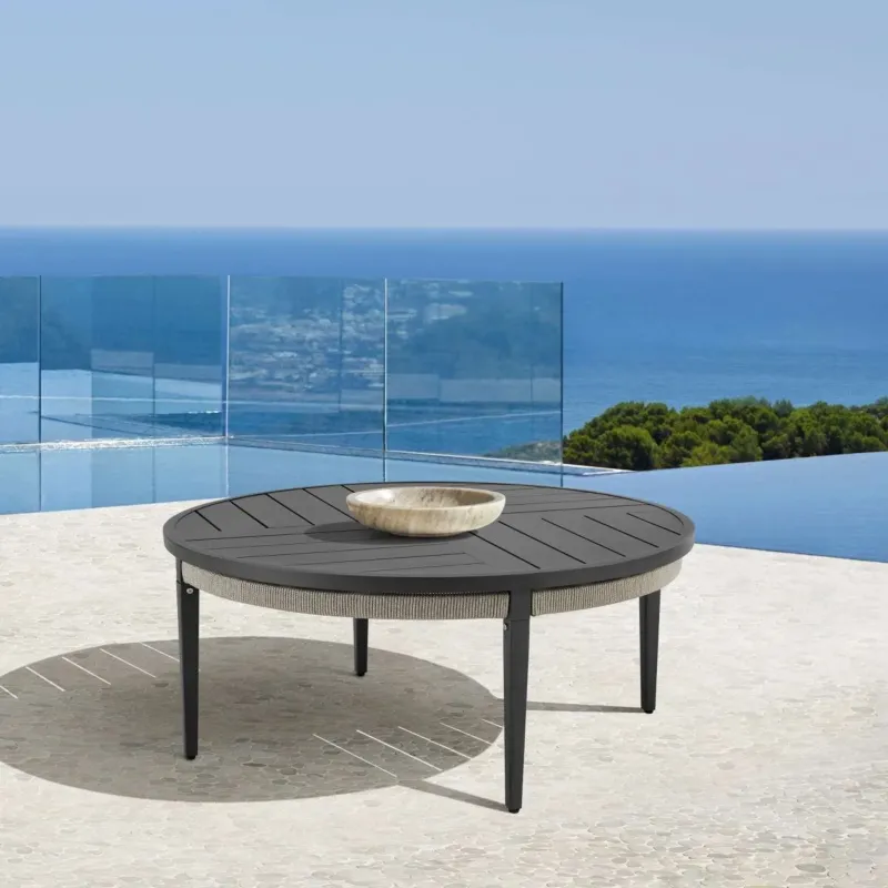 Zella Round Coffee Table in Aluminum with Charcoal Finish and Light Gray Rope By Armen Living | Outdoor Tables | Modishstore