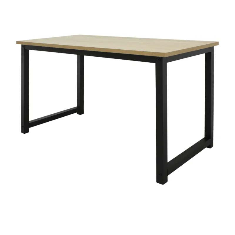 Rechteckiger Tisch mit einer Holzplatte und einem schwarzen Metallgestell.