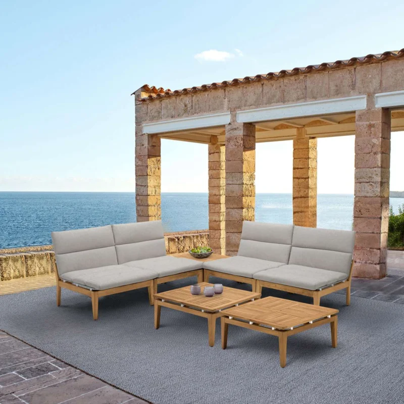 Arno Outdoor 7 Piece Teak Wood Seating Set in Beige Olefin By Armen Living | Outdoor Sofas, Loveseats & Sectionals | Modishstore