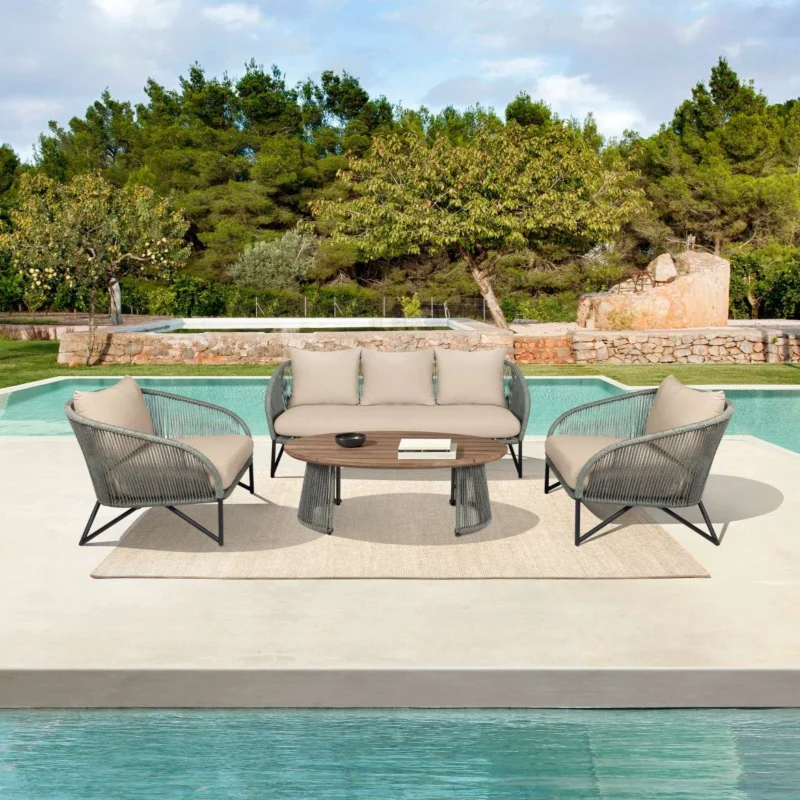 Benicia Outdoor Patio 4 Piece Conversation Set in Weathered Eucalyptus Wood and Metal with Gray Rope and Taupe Cushions By Armen Living | Outdoor Sofas, Loveseats & Sectionals | Modishstore