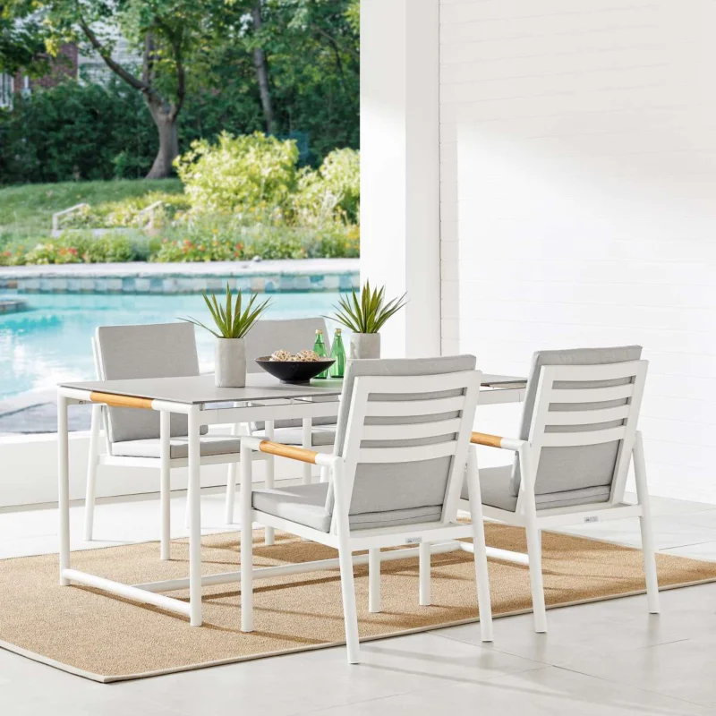 Crown 5 Piece White Aluminum and Teak Outdoor Dining Set with Light Gray Fabric By Armen Living | Outdoor Dining Sets | Modishstore