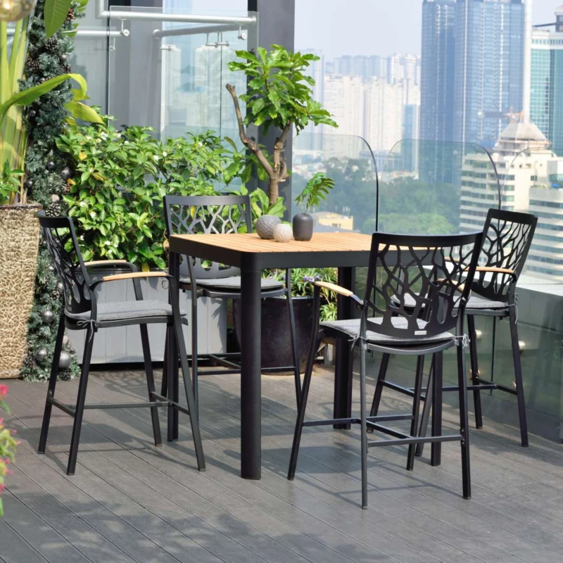 Portals 5 Piece Outdoor Patio Aluminum Bar Set in Black Finish and Natural Teak Wood Accent Top By Armen Living | Outdoor Dining Sets | Modishstore