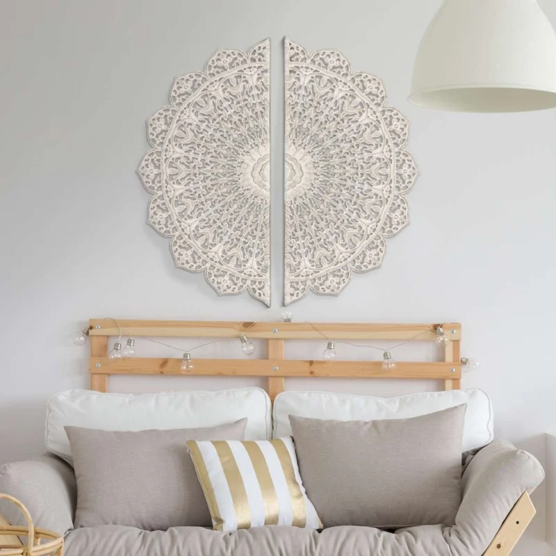 48 Inch Half Moon Hand Carved Floral Mango Wood Wall Panel Decor, Antique White By Benzara | Wall Decor | Modishstore