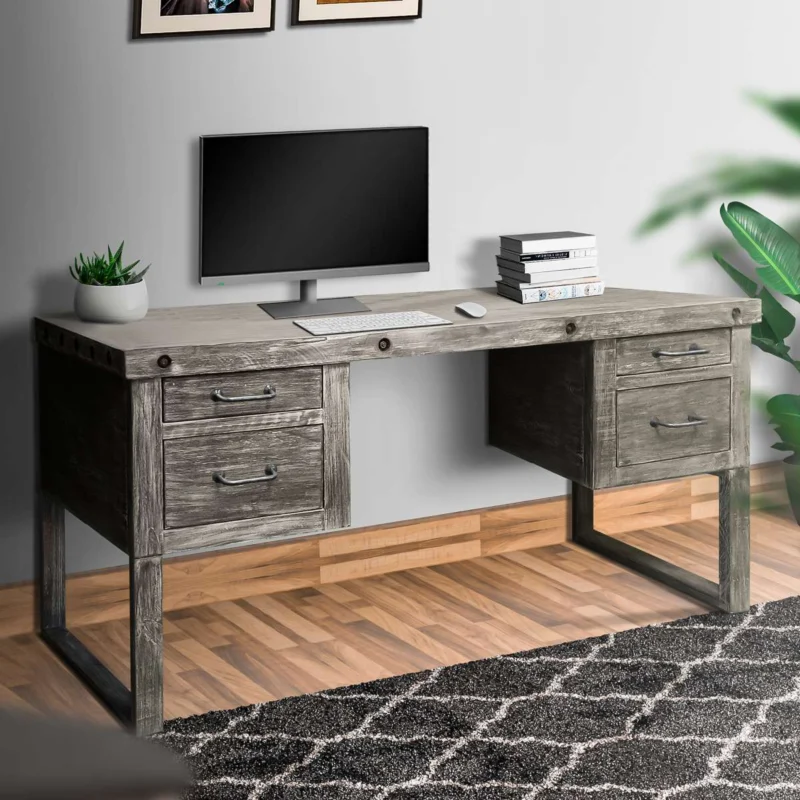 61 Inch 4 Drawer Wooden Home Office Desk With Sled Leg Support, Distressed Brown By Benzara | Desks | Modishstore