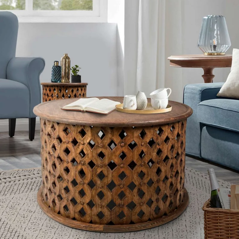 Farmhouse Round Coffee Table Set With Mango Wood Frame And Cut Out Design, Set Of 2, Brown By Benzara | Coffee Tables | Modishstore