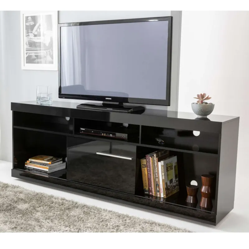 71 Inch Wooden Tv Stand With Open Compartments And Sliding Door, Black By Benzara | TV Stands | Modishstore